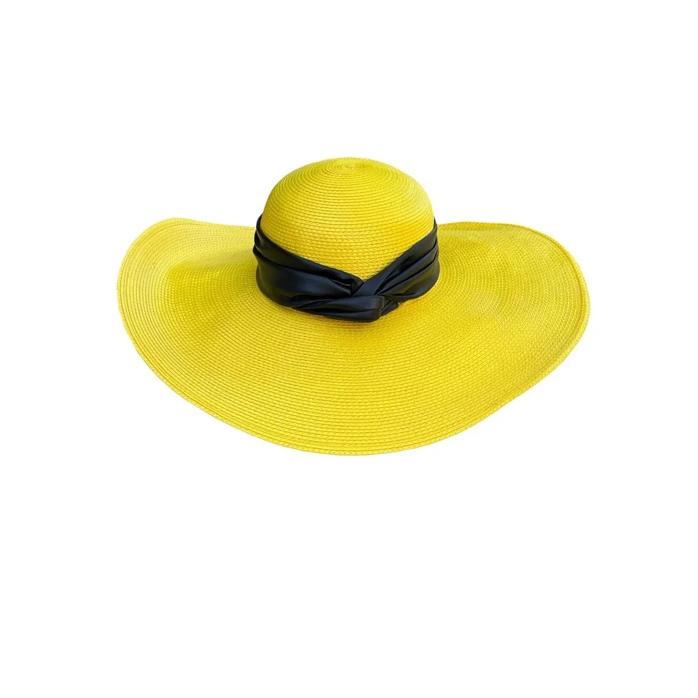 Vintage Yellow Wide Brim Sun Hat Black Faux Leather Trim Floppy‎ Straw Beach Hat